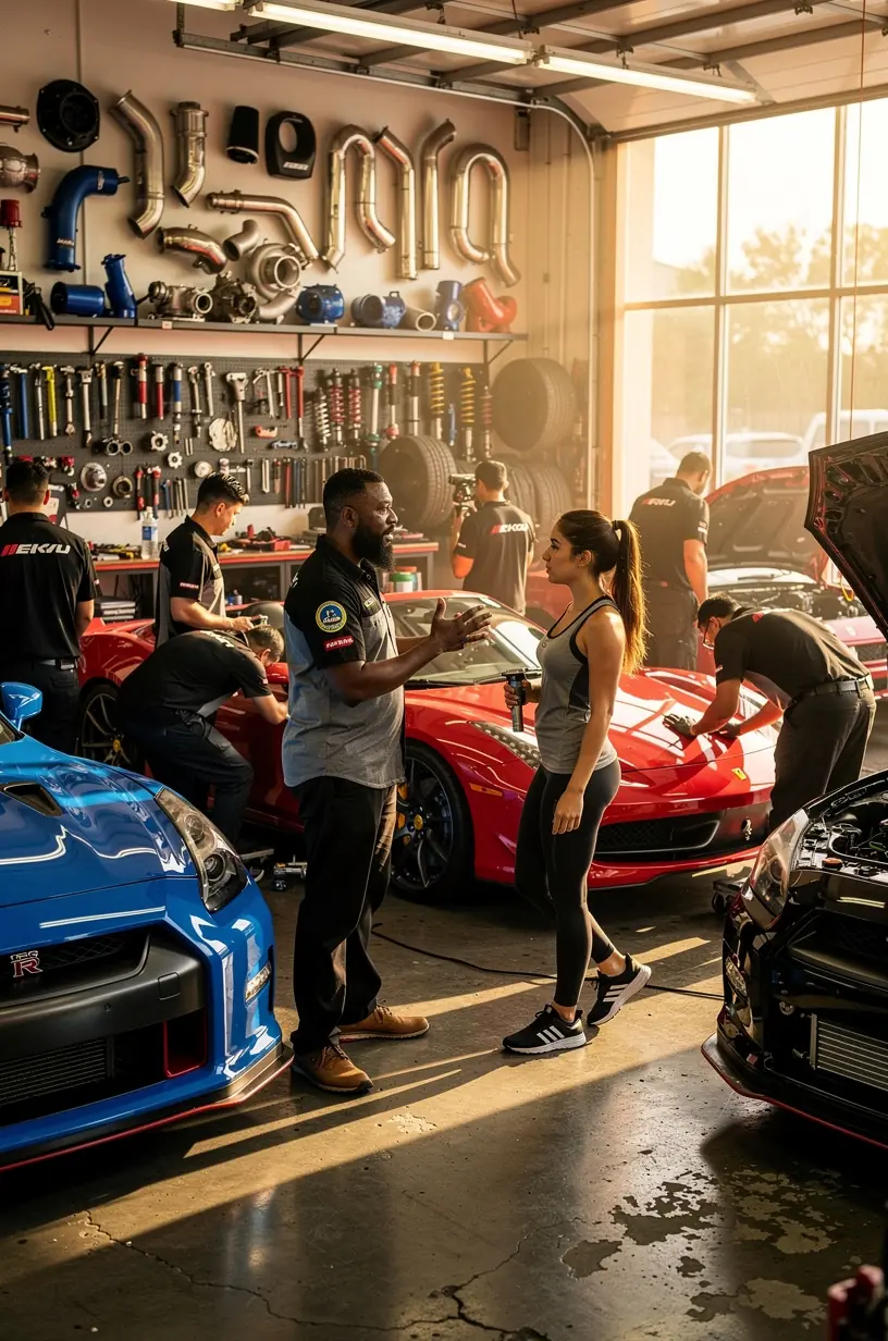 Technician adjusting engine components for optimized sports car performance